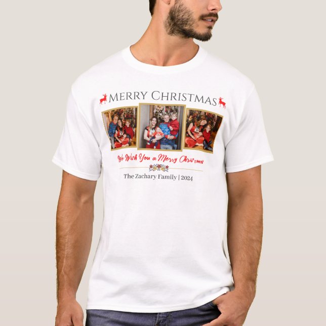 Elegantes Script Moderne Weihnachtsfamilie 3 Foto T-Shirt (Vorderseite)