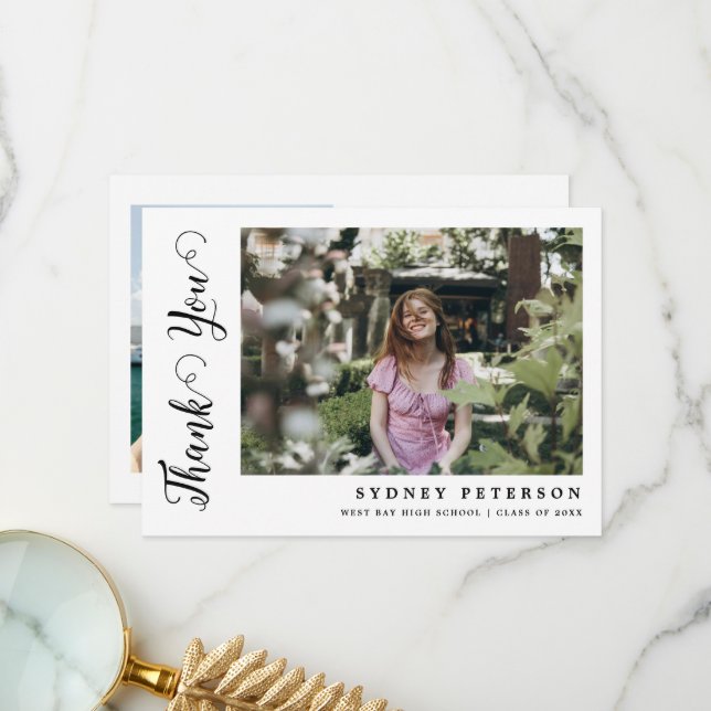 Elegantes Script Moderner Einfaches 2-Foto-Abschlu Dankeskarte (Vorderseite/Rückseite Beispiel)