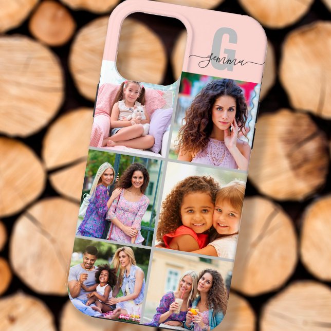 Elegantes Script Monogram 6 Foto Rosa und Grau Case-Mate iPhone Hülle (Von Creator hochgeladen)