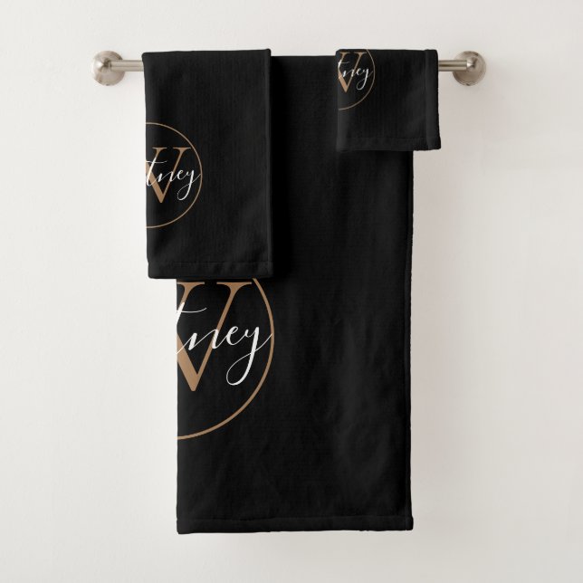 Elegantes Script Monogram Black and Gold Badhandtuch Set (Insitu)
