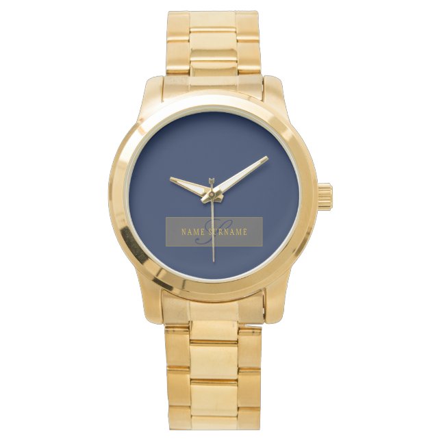 Elegantes Script Monogram Dark Navy Blue Gray & Go Armbanduhr (Vorderseite)