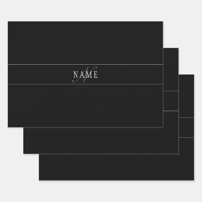 Elegantes Script Monogram Editable Black Gray Whit Geschenkpapier Set (Set)