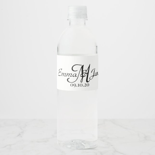 Elegantes Script Monogram Wedding Water Bottle Lab (Vorderseite)