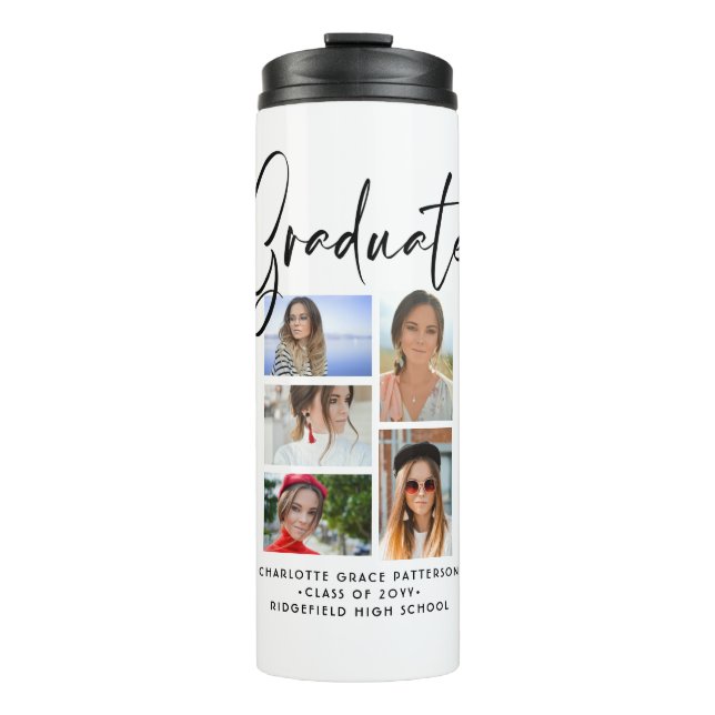 Elegantes Script Multi Foto Abschluss Graduate Thermosbecher (Vorderseite)