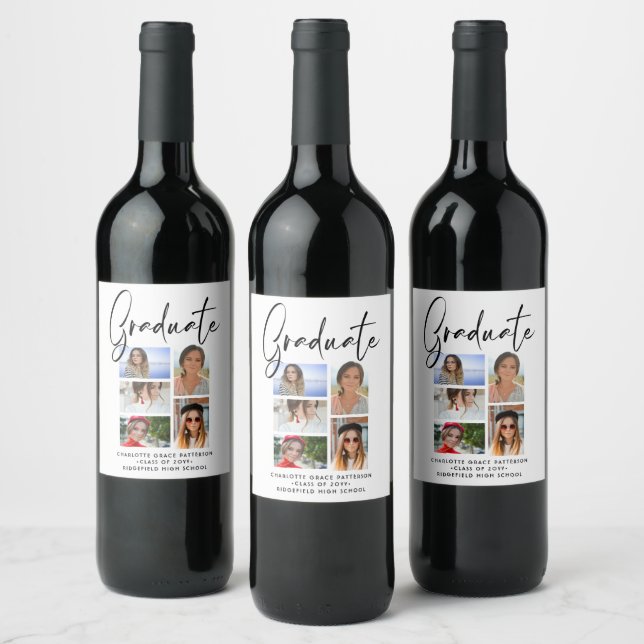 Elegantes Script Multi Foto Abschluss Graduate Weinetikett (Flaschen)