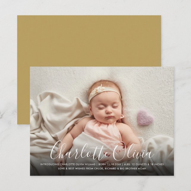 Elegantes Script Name Baby Foto Birth Ankündigungspostkarte (Vorne/Hinten)