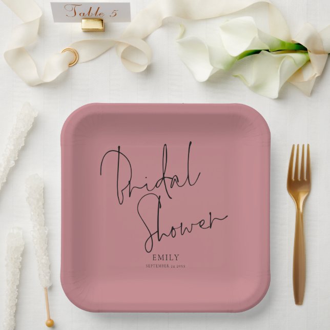 Elegantes Script Name Dusty Rose Rosa Brautparty Pappteller (Hochzeit)