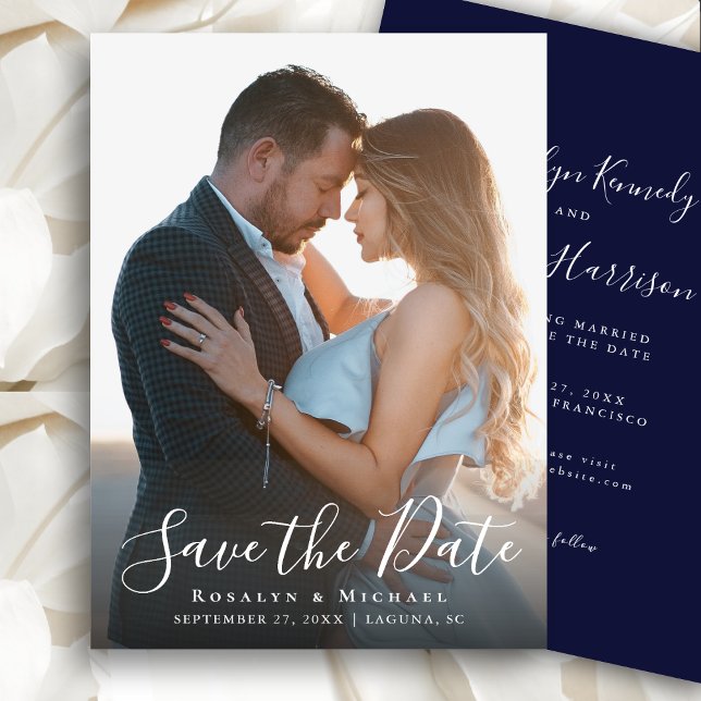 Elegantes Script Navy Blue Foto Minimalistisch Hoc Save The Date (Von Creator hochgeladen)