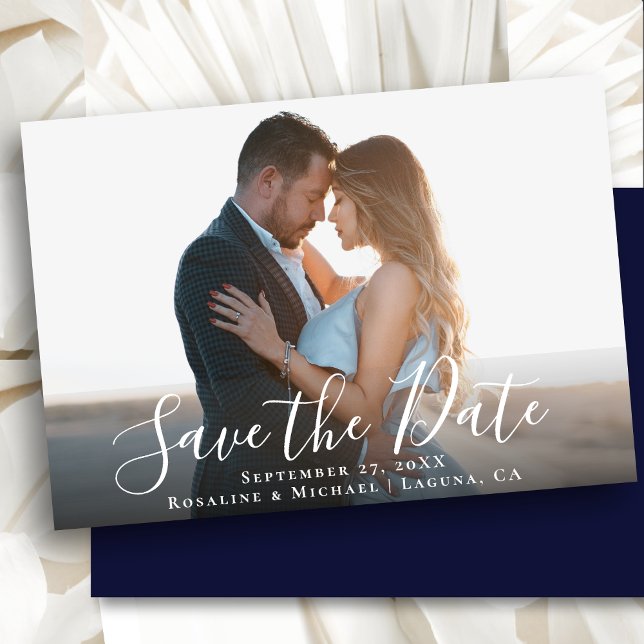 Elegantes Script Navy Blue Foto Minimalistisch Hoc Save The Date (Von Creator hochgeladen)
