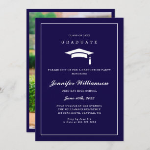 Elegantes Script Navy Blue Graduation Party Foto Einladung