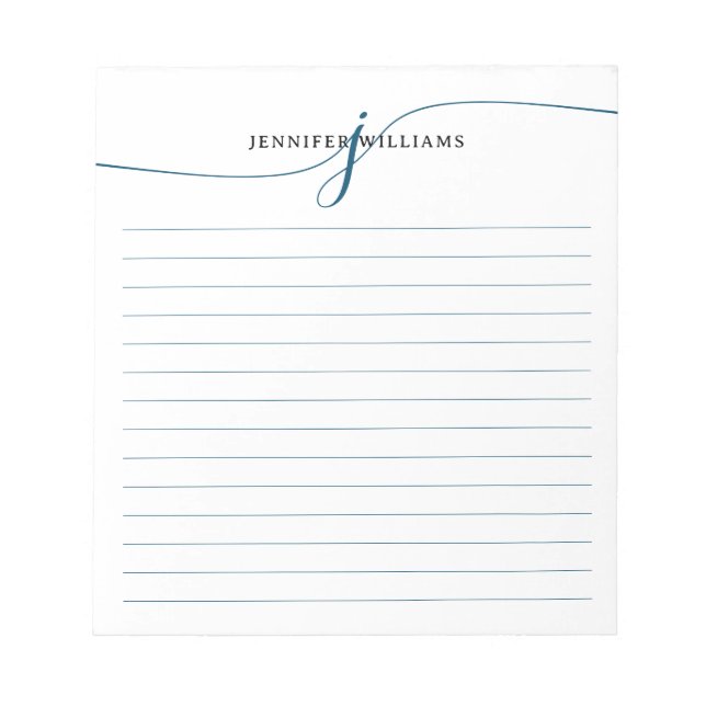 Elegantes Script Navy Blue Modern Monogram Lined Notizblock (Vorderseite)