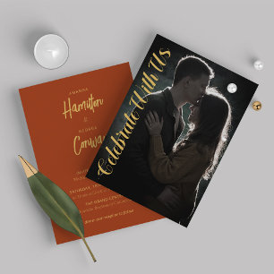 Elegantes Script Ochre Mustard Foto Wedding Einladung