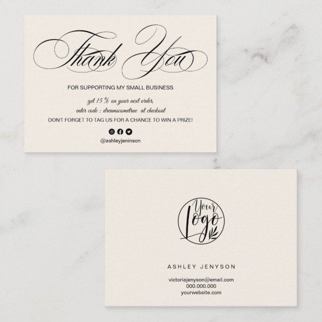 Elegantes Script pastellbeige Logo, danke Visitenkarte (Vorne/Hinten)