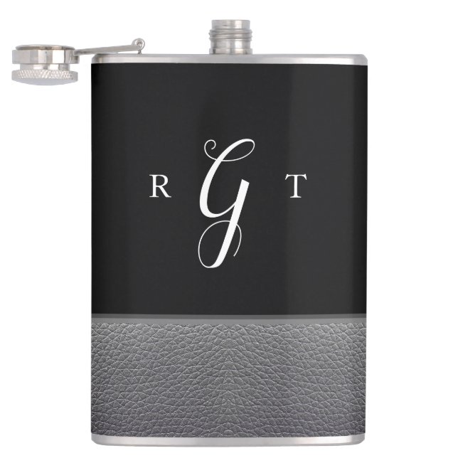 Elegantes Script Personalisiert Monogram Gray Leat Flachmann (Geöffnet)