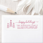 Elegantes Script Pine Christmas-Rücksendelabel<br><div class="desc">Elegante,  moderne Rücksendeadressen-Aufkleber in Rot und Weiß,  die Weihnachtsfamilien in gemütlicher Atmosphäre. Mit einem hübschen handgeschriebenen Drehbuch mit dem Sprichwort "fröhliche Weihnachten" im Swash-Schwanz-Schriftart,  kiefern Bäume mit kleinen Herzen. Ideal für die Weihnachtszeit,  einfach zu personalisieren mit Ihren Namen und Rücksendeadresse-Infos.</div>