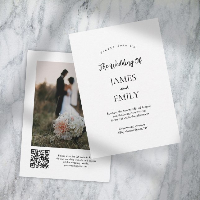 Elegantes Script QR Code Foto Hochzeitseinladung Einladung (Elegant Script QR Code Photo Wedding Invitation)