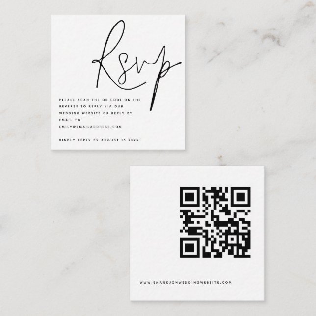 Elegantes Script QR Code Hochzeit RSVP Begleitkarte (Vorne/Hinten)