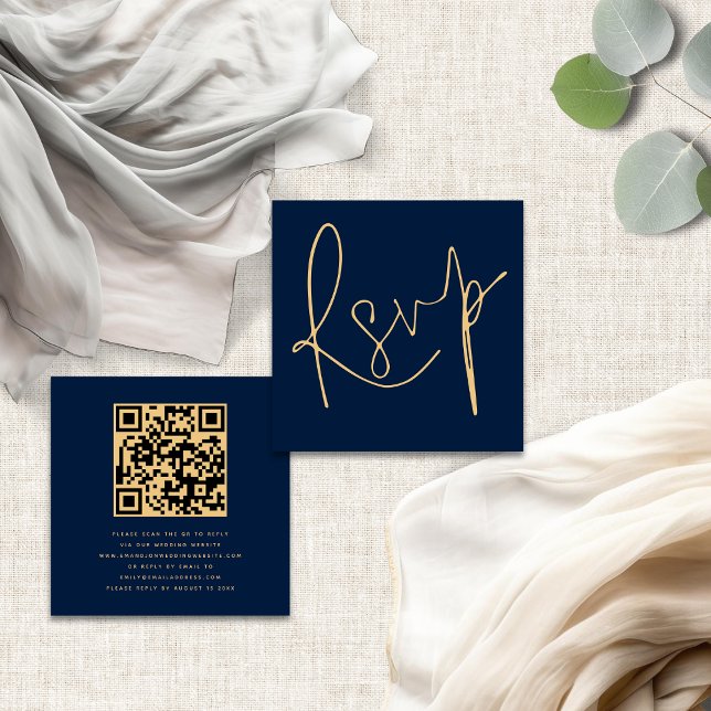 Elegantes Script QR Navy Gold Wedding RSVP Begleitkarte (Front and back view)