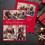 Elegantes Script Red 5 Foto Collage Weihnachten<br><div class="desc">Modern Simple Elegant Calligraphy Red 5 Foto Collage Frohe Weihnachts Script Holiday Card. BITTE BEACHTEN SIE, DIESE 6, 5" X 8, 75" GRÖSSENKARTEN SIND GRÖSSER ALS DER DURCHSCHNITT, WEGEN DER GRÖSSEREN KARTENGRÖSSE IST ES FAST SICHER, DASS DIE POSTENKOSTEN HÖHERER SIND. WENN SIE DIE STANDARD-12x18"-GRÖSSE VORziehen, KÖNNEN SIE DIE KARTE UNTER...</div>