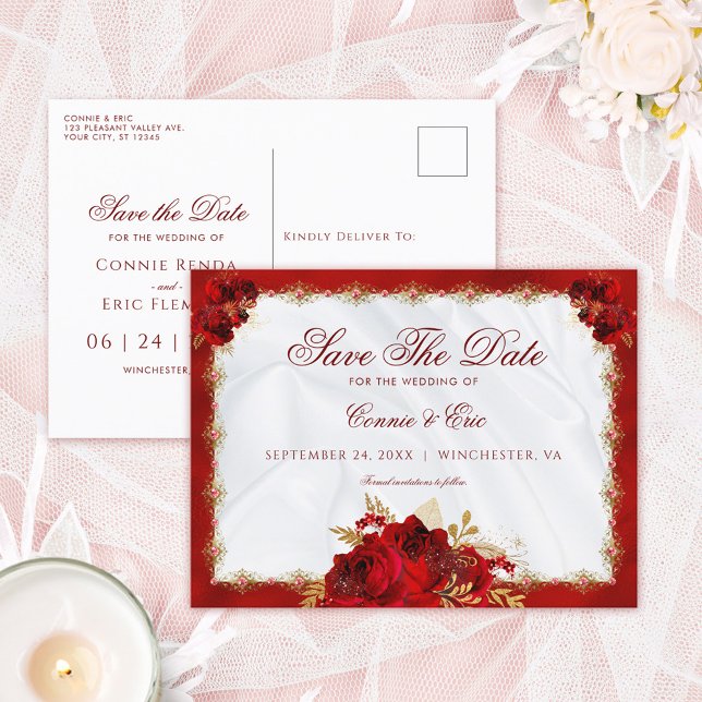 Elegantes Script Red Gold Floral Save the Date Ankündigungspostkarte (Von Creator hochgeladen)