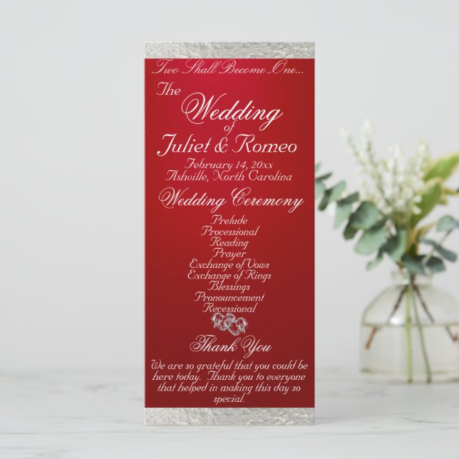 Elegantes Script & Ribbon - Crimson/Silver Wedding Programm (Stehend Vorderseite)