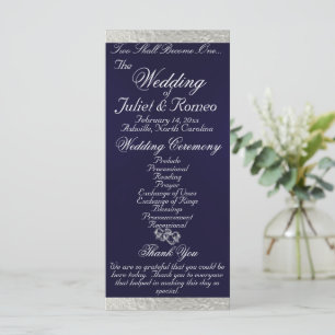 Elegantes Script & Ribbon - Navy Blue/Silver Weddi Programm