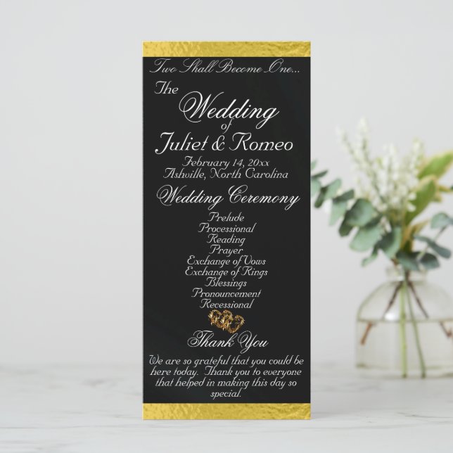 Elegantes Script & Ribbon - Schwarz/Gold Hochzeit Programm (Stehend Vorderseite)