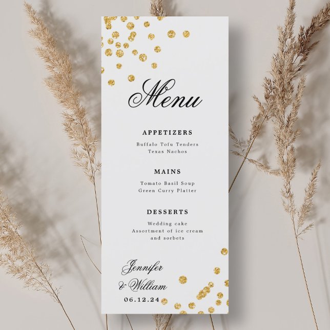 Elegantes Script Romantic Wedding Confetti Gold Menükarte (Elegant Script Romantic Wedding Confetti Gold Menu)