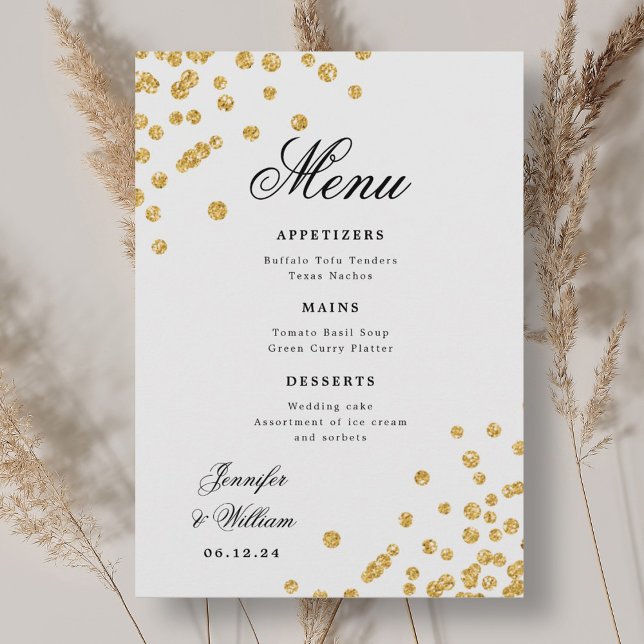 Elegantes Script Romantic Wedding Confetti Gold Menükarte (Elegant Script Romantic Wedding Confetti Gold Menu)