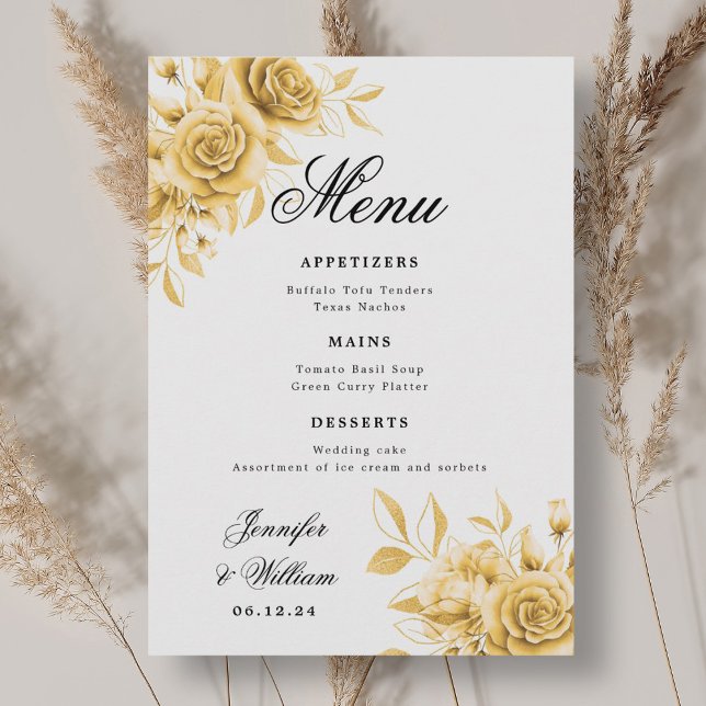 Elegantes Script Romantic Wedding Gold Floral Menükarte (Elegant Script Romantic Wedding Gold Floral Menu)