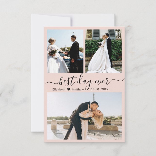Elegantes Script Rosa 3 Foto Collage Wedding Dankeskarte (Vorderseite)