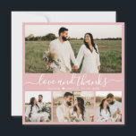 Elegantes Script Rosa Weiß 4 Foto Collage Hochzeit Dankeskarte<br><div class="desc">Elegantes "Liebe und Dank" Script 4 Foto Collage Wedding Dankeschön Karte. Stilvoll, modern, minimalistisch Hochzeitskarte danke Ihnen die Vorlage mit vier (4) Foto auf der Vorderseite und ein (1) Foto auf der Rückseite. Mit dem Text "Liebe und Dank" in einer Wirblen Hand gezeichnet Typografie Swash-Schwanz Schriftart in Weiß auf staubigen...</div>