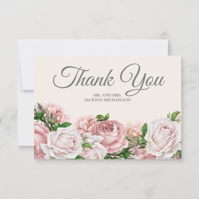 Elegantes Script Roses Cream Wedding Vielen Dank Dankeskarte (Vorderseite)