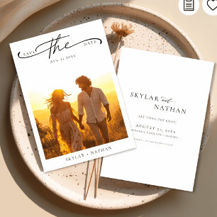 Elegantes Script Rustic Boho Sunset Foto Wedding Save The Date