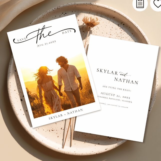 Elegantes Script Rustic Boho Sunset Foto Wedding Save The Date (Von Creator hochgeladen)