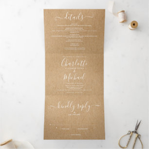 Elegantes Script Rustic Kraft Foto Hochzeit Dreifach Gefaltete Einladung