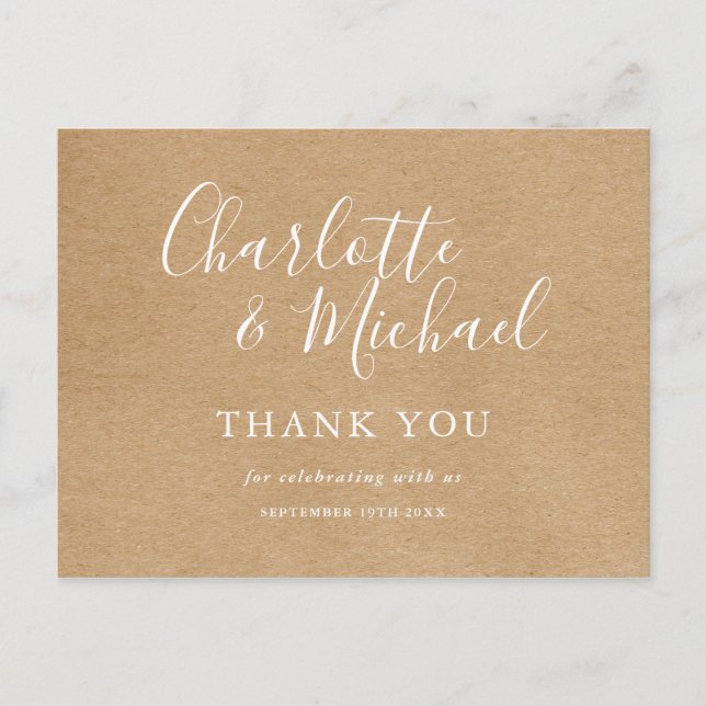 Elegantes Script Rustic Wedding Vielen Dank Postkarte (Vorderseite)