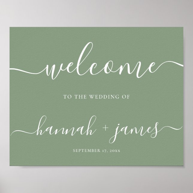 Elegantes Script Sage Green Wedding Willkommenszei Poster (Vorne)