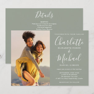 Elegantes Script-Sage Grünes Foto Hochzeit in eine Einladung