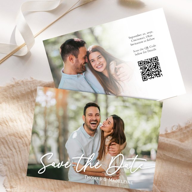 Elegantes Script Save the Date Foto Hochzeit Einladung (Save the date photo card template with a scannable QR Code. )