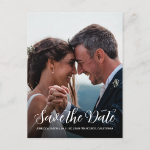 Elegantes Script Save the Date Verlobung Foto Ankündigungspostkarte