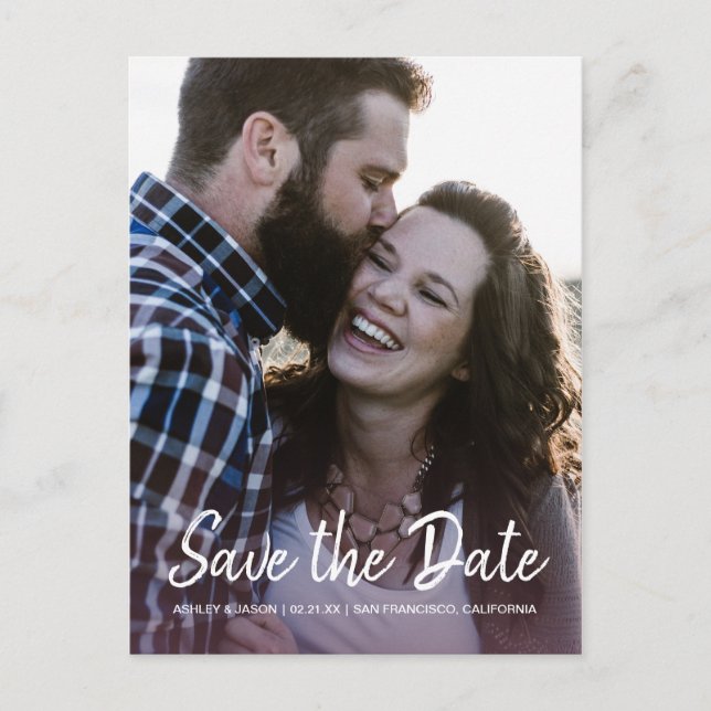 Elegantes Script Save the Date Verlobung Foto Ankündigungspostkarte (Vorderseite)