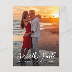 Elegantes Script Save the Date Verlobung Foto Ankündigungspostkarte