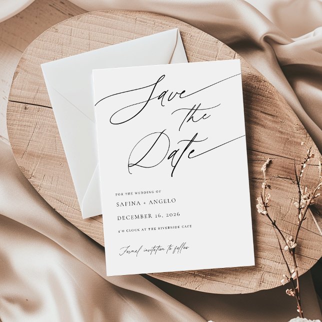Elegantes Script Schwarz und Weiß Klassische Hochz Save The Date (Von Creator hochgeladen)