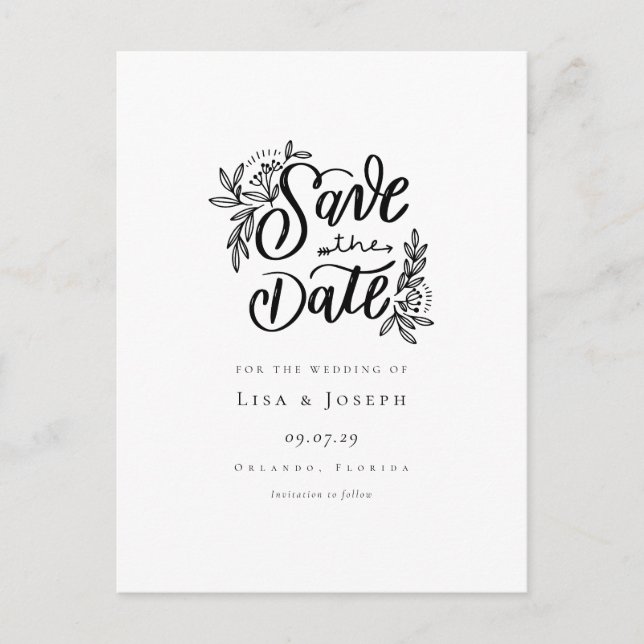 Elegantes Script, Schwarz und Weiß Save the Date Ankündigungspostkarte (Vorderseite)