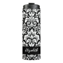 Elegantes Script Schwarz-weiß Damask Muster Thermosbecher
