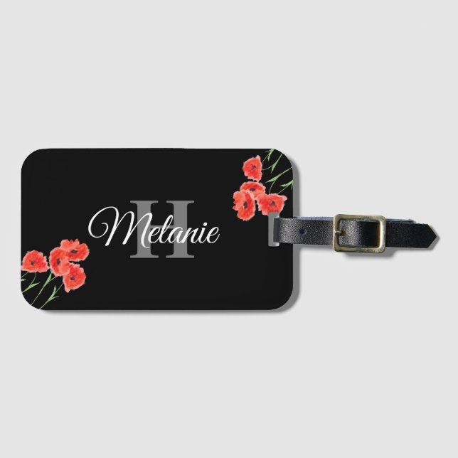 Elegantes Script Schwarz-weiß Girly Floral Monogra Gepäckanhänger (Vorderseite (Horizontal))