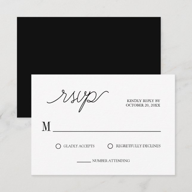 Elegantes Script Schwarz & Weiß Minimal Wedding RSVP Karte (Vorne/Hinten)