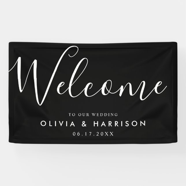 Elegantes Script Schwarz-weiß Wedding Welcome Sign Banner (Horizontal)
