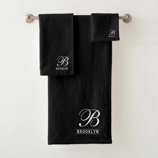 Elegantes Script Serif Monogram Black Badhandtuch Set (Insitu)